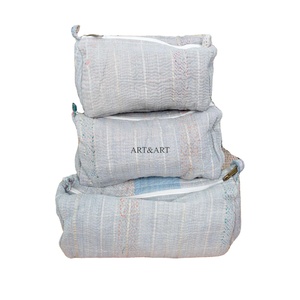 Indian Kantha Hand Block Print Cotton Cosmetic Bag Set with Tassel Zipper Closure Vintage Style-Women's Travel <b>Makeup</b> Pouch bag - Product Image 1