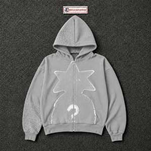 Grey Star Graphic Zip Up Hoodie <b>Oversized</b> Streetwear Unisex <b>Vintage</b> Distressed Print Full Zipper Casual Hooded <b>Sweatshirt</b> Wear - Product Image 5