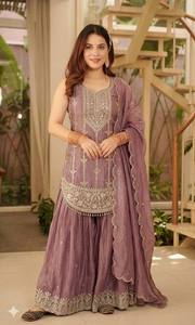 Purple Embroidered Anarkali Salwar Suit <b>Cape</b> Dupatta Pakistani Wedding Dress Eid Festival Wear - Product Image 2