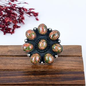 Unakite Flower <b>Ring</b> Oxidized Sterling <b>Silver</b> <b>Statement</b> <b>Ring</b> Boho Artisan Jewelry Nature Inspired Floral Gift for Her - Product Image 1