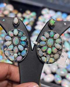 Natural Ethiopian Opal Diamond Earring Pave Diamond Earrings 925 Sterling Silver Handmade <b>Oxidized</b> Dongle Diamond Earring Gift F - Product Image 1