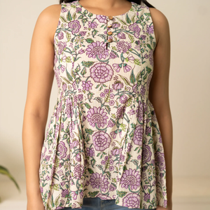 Blusa de Algodón con Estampado Floral Blanco Hecho a Mano para Mujer |   Ropa Casual Étnica sin Mangas para Verano, Proveedor Mayorista de India, Exportación - Product Image 1