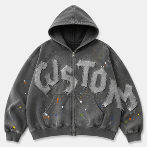 Custom Vintage Oversized Washed Gray Zip Hoodie Distressed Patchwork Graphics Streetwear Sweatshirt <b>Paint</b> Splatter Casual Unisex - Product Image 1