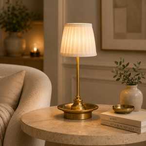 Heritage Pedestal Metal Table Lamp with Pleated <b>Shade</b> Decorative Tray Base Soft Ambient <b>Lighting</b> Durable Finish for Bedroom - Product Image 1
