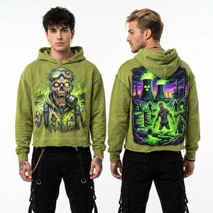 Sudadera con capucha verde azulado para hombre con cremallera, estampado gráfico personalizado de Zombie Diver, lavado vintage, estilo urbano, chaqueta de forro polar oversize. - Product Image 4
