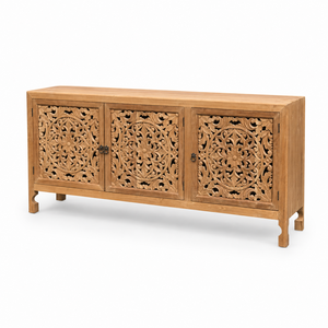 Handcrafted Solid Wood Carved <b>Sideboard</b> Cabinet with 3 Ornate Floral Doors, <b>Rustic</b> Boho Indian Style Buffet Storage Furniture - Product Image 6