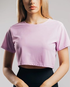 Camiseta Corta Rosa para Mujer, Cuello Redondo, Tejida, Color Sólido, Informal, Transpirable, Corte Regular - Product Image 1