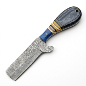Cuchillo de hoja fija de acero de Damasco estilo vaquero occidental Bull Cutter Trail con mango de espaciador colorido y funda de cuero, fabricante de fábrica - Product Image 1