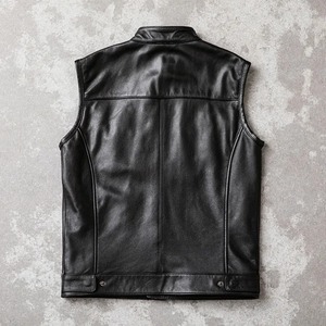 Full Button Up Mens <b>Leather</b> <b>Vest</b> Stand Collar <b>Biker</b> Waistcoat High Quality Genuine <b>Leather</b> Streetwear Riding Wear <b>Leather</b> <b>Vests</b> - Product Image 3