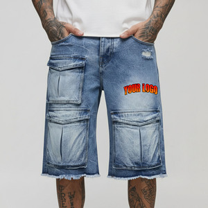Jorts en jean streetwear pour hommes, 100% coton 14 oz, coupe ample et baggy, taille mi-haute, braguette zippée, ourlet brut, coupe-vent, fabrication sur mesure OEM/ODM - Product Image 4