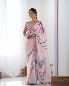 Pink Digital Printed Heavy Chinnon Saree With Floral Design For Women <b>Wedding</b> Wear Print Work with Beautiful Kutchi Work Mirror - Product Image 5
