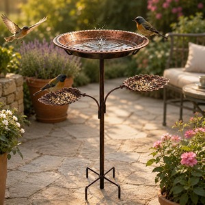 Bain d'oiseaux en cuivre avec plateaux d'alimentation, pour jardin extérieur, avec piquet, bol pour oiseaux en cuivre pur poli et bain d'oiseaux sauvages avec support - Product Image 3