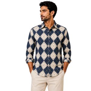 Chemise à manches longues pour homme en coton bleu marine et beige à motif losanges, décontractée, boutonnée, vente en gros personnalisée, vêtements de mode - Product Image 1