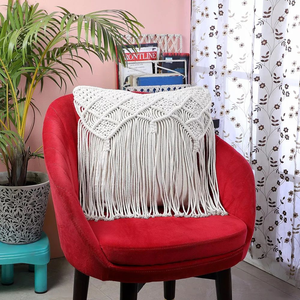 Boho Cotton Macrame Handcrafted Cushion Pillow <b>Cover</b> Square Geometric Pattern Throw <b>Cover</b> <b>for</b> Couch Bed Hotel Décor 16 x 16 inch - Product Image 1