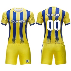 Ensemble de maillot de football rayé jaune et bleu personnalisé avec short, polyester respirant, uniforme unisexe pour adultes, impression sublimée - Product Image 1