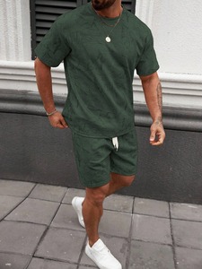 Ensemble T-shirt et short d'été en coton tricoté 100 % respirant, séchage rapide, coupe oversize, 2 pièces personnalisable, effet délavé pour homme - Product Image 3