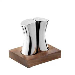 Contemporary Stainless Steel <b>Salt</b> and Pepper Shakers Set with Wooden Stand Base Curved Metallic Interlocking Cruet Set - Product Image 1