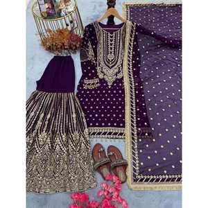 Conjunto de traje de mujer de diseñador, Top Georgette de imitación pesado con Plazzo y Dupatta para un look de fiesta - Product Image 4