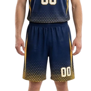 Ensemble d'uniformes de basketball personnalisés pour hommes, bleu marine et or, maillot sans manches à col en V, short, imprimé à pois dégradé, nom et numéro de l'équipe, kits en gros - Product Image 5