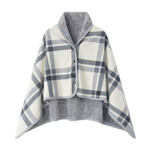 Couverture Sherpa à carreaux portable, cape en flanelle avec boutons, motif gris et blanc, vêtement d'extérieur pour un confort douillet - Product Image 1