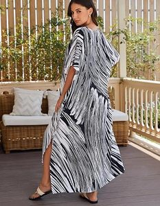 V Neck Maxi Abaya <b>Dress</b> Short Sleeve <b>Loose</b> Fit Asymmetrical Hem Random Print Women's Summer Beach Wear Polyester Modest Style - Product Image 3