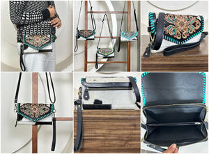 Bolso Bandolera de Cuero Vacuno de Primera Calidad, Bolso de Mano con Solapa Bordada y Grabada, Bolso de Hombro Hecho a Mano con Correa de Muñeca y Correa Ajustable - Product Image 3