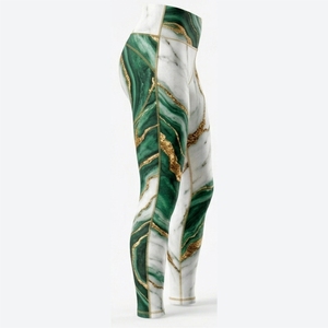 Leggings taille haute pour femmes, longueur intégrale, imprimé marbré vert et or, tricot extensible, style sportif, toutes saisons, spandex, polyester - Product Image 4