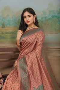 Sari tradicional de seda estampado en verde y melocotón con borde bordado para mujer, ropa de boda, India, Pakistán - Product Image 6