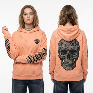Sweat-shirt urbain pour femme à fermeture éclair intégrale, 350 GSM, couleur terre cuite, avec motif crâne de faucon, imprimé boussole sur la poitrine, manches à plumes et effet vieilli - Product Image 2
