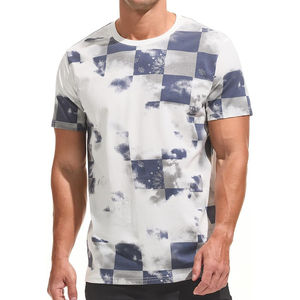 White Navy Checker Floral Cloud Washed Sublimation Print Short Sleeve Crew Neck Men T <b>Shirt</b> - Product Image 1