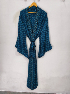 Ankle Length Silk Robe Multi Color Robe Night Wear Robe Indian Vintage Recycled Silk Sari <b>Kimono</b>, - Product Image 2