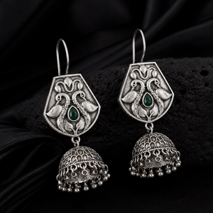 Dernier design de boucles d'oreilles Jhumka ethniques Bollywood plaquées argent antique, serties de pierres, pendantes, faites à la main, bijoux de fête pour femmes - Product Image 4