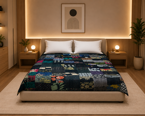 Couette bohème réversible en patchwork, brodée Kantha vintage, 100% coton, garnie de soie, faite à la main, écologique, lavable, toutes saisons - Product Image 4