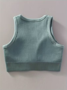 Notched Scoop <b>Neck</b> Seamless Exercise Crop Top Ribbed Underband Lift Training Bra <b>Padded</b> Wirefree Athleisure Running Vest - Product Image 5