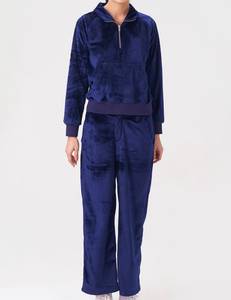 <b>Women's</b> Blue Velour Tracksuit <b>Half</b> <b>Zip</b> Hooded <b>Sweatshirt</b> and Wide Leg Pants Set for Autumn Winter - Product Image 1