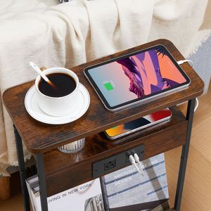 <b>Narrow</b> <b>Side</b> <b>Table</b> with Charging Station 3-Tier Slim End <b>Table</b> for Small Spaces 21.6" Tall Apartment-Friendly Storage Shelf - Product Image 3