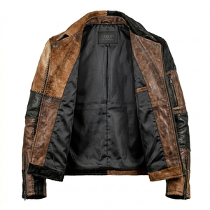 Chaqueta de cuero asimétrica de patchwork para hombre al por mayor, proveedor y fabricante de ropa exterior de moto de piel de vaca con pelo personalizada - Product Image 3
