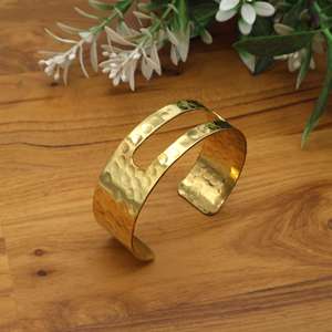 Gold Plated Hammered Wide Cuff <b>Bracelet</b> | Open Bangle Wrist Jewelry Statement <b>Bracelet</b> for Women Minimalist Handcrafted - Product Image 4