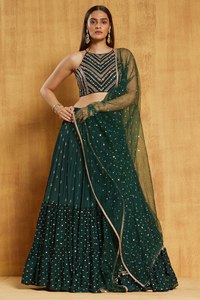 Conjunto indio-pakistaní de cuentas verdes con dupatta de red texturizada, lehenga plisada y top corto para bodas y festivales - Product Image 5