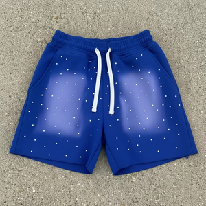 Shorts personnalisés pour hommes bleu roi avec strass, effet délavé, taille à cordon, style streetwear, mélange de coton, bas décontractés d'été - Product Image 1
