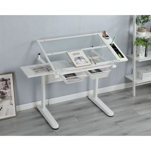 Adjustable White Drafting Table <b>with</b> 2 Metal Drawers and Stool Hand Crank <b>Drawing</b> <b>Desk</b> - Product Image 1