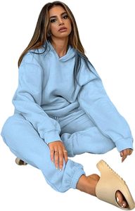Ensemble de survêtement bleu clair à capuche pour femme, décontracté, couleur unie, manches longues, avec cordon de serrage et poches latérales - Product Image 2