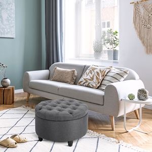 Panca Ottomana Rotonda in Lino Grigio con Bottoni Trapuntati per Soggiorno e Camera da Letto - Product Image 2