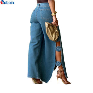 Jeans de mujer de cintura alta, holgados, casuales, nuevos, con aberturas, hechos a mano, con flores dimensionales, pantalones vaqueros de mezclilla para mujer - Product Image 2