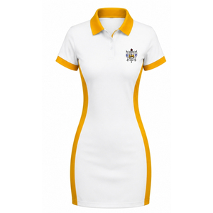 Women <b>White</b> <b>Dress</b> Shirt with Yellow Collar Cuffs and Side Panels Short Sleeve Embroidered Crest Fitted Fashion Uniform Top - Product Image 1