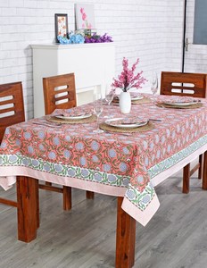 Wedding <b>Tablecloth</b> Salmon Pink Sage Green Delft Blue Indian Hand Block Printed <b>Tablecloth</b> Table Cover Linen Set - Product Image 6