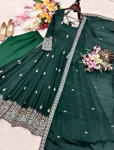 Élégant ensemble Anarkali vert brodé en rayonne avec dupatta, longueur ras du sol, tenue traditionnelle indienne et pakistanaise pour femme, coupe décontractée - Product Image 5