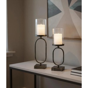 Decorative Antique Style Iron Candle Stand with Glass Shade and Oval Base Home Decoration - Product Image 4