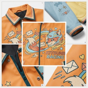 Kitsune Racing Bedruckte Leder-Varsity-Jacke für Herren Streetwear Orange Charakterdesign Umlegekragen Reißverschluss Vorne - Product Image 6