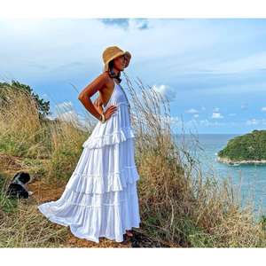 Robe longue blanche bohème pour femme, sans manches, à fines bretelles, à volants superposés, pour l'été, la plage et les vacances, naturelle et lavable - Product Image 3